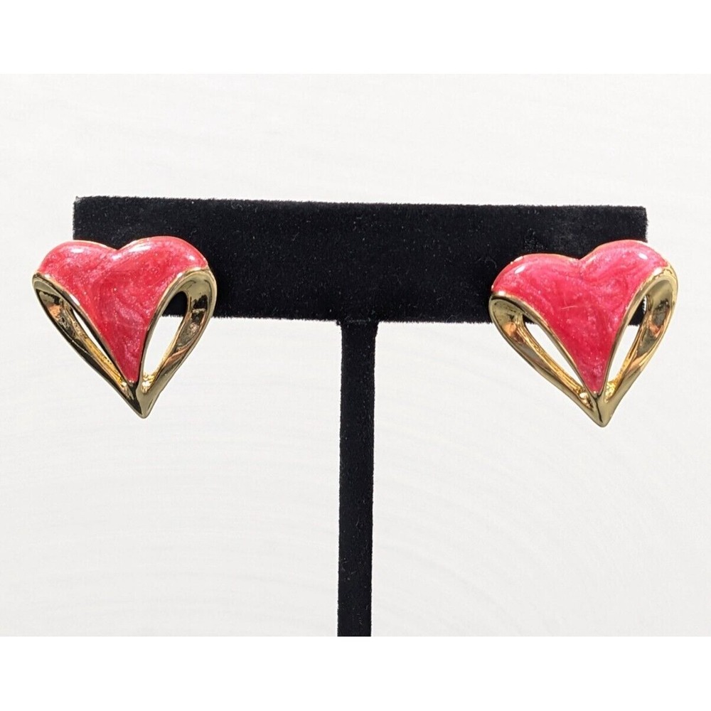 Vintage Pink Enamel Heart Gold‎ Tone Drop Pierced Earrings Classic Love